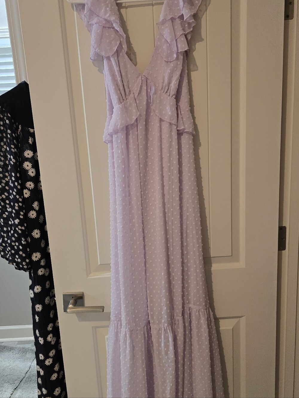 Bridesmaid Purple Lavender Ruffle-Trim Maxi Dress Summer Boho Beach V Neck Gown - Picture 4 of 9